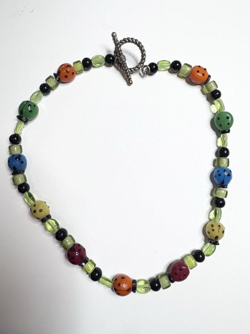 VTG 90s Ladybug Glass Choker Necklace 15” Silver Toggle Clasp Grunge Boho Kid